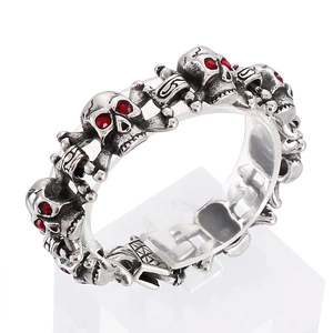 Skull Head Bracelet Stainless Steel With Red Rhinestone Eyes Vintage Silver Hip Hop Punk Gothic Style For Men
