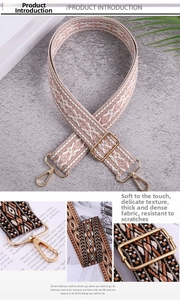 Detail of adjustable geometric jacquard shoulder strap with golden metal lobster clasps