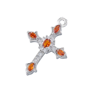 Detail of silver cross pendant with orange marquise and clear round cubic zirconia