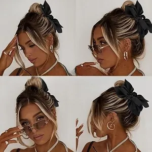 Detail view of black silk bow hair clip shown from multiple angles on female model