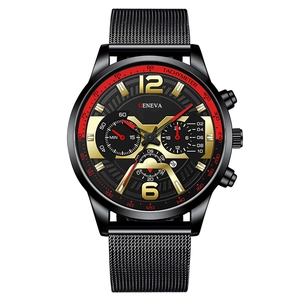 Fashionable Geneva men's watch with black stainless steel mesh band and luminous dial