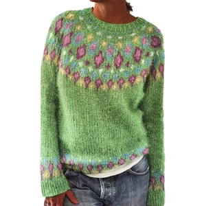 Women's green crewneck knit sweater with colorful geometric jacquard patterns