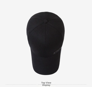Bird's eye view detail of a minimalist black adjustable baseball hat for men