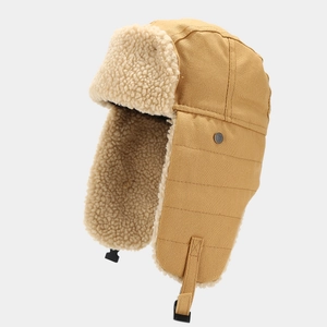 Detail view of khaki winter trapper hat with warm white fleece lining and side buckles