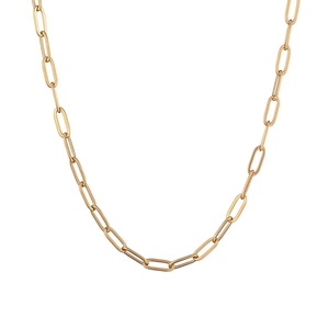 Detail view of 18K gold plated stainless steel paperclip chain with polished flat links