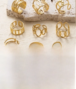 Detailed view of hollow geometric gold rings made of vacuum plated titanium steel