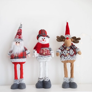 Christmas Plush Doll Retractable Long Legs Santa Snowman Reindeer Knitted Fabric Festive Home Desktop Window Ornament