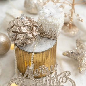 Chic Christmas foam ornaments set with gold pinecones and cream gift boxes in metal bucket