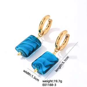 Detailed view of stainless steel drop earrings with blue stone and size measurements