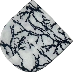 Close-up of black butterfly pattern on a white knitted beanie with high-quality texture