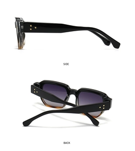 Side and back view of square sunglasses with purple gradient lenses and gold rivets