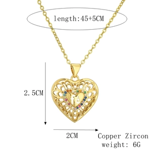 Detail showing dimensions of hollow heart pendant necklace with colorful zircon stones
