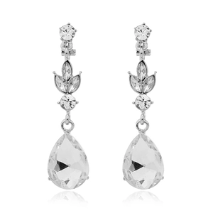 Elegant silver teardrop earrings with leaf crystals and faceted rhinestones on white