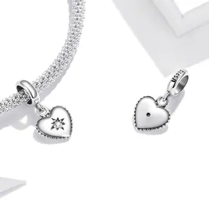 S925 sterling silver heart charm with starburst zircon on snake chain bracelet