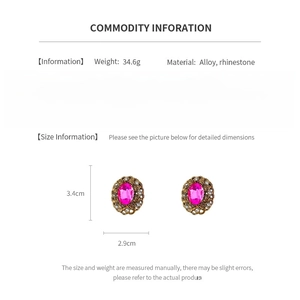 Detail specifications of vintage oval earrings with pink stones and rhinestone borders