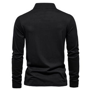 Back view of a slim-fit black long-sleeve cotton polo shirt with a classic turndown collar