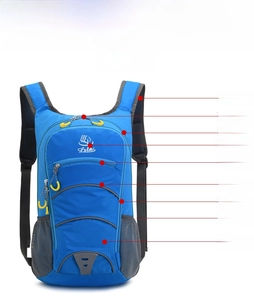 Blue outdoor backpack with waterproof fabric, breathable mesh straps and reflective safety strips