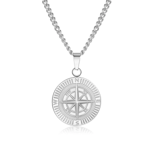 Polished silver stainless steel compass pendant necklace with a minimalist Cuban chain