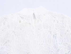 Close-up of white lace back collar with double button closure on an elegant blouse