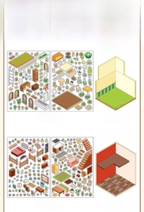 Detail view of miniature indoor room PET stickers and scene boards in cozy 2D vector style
