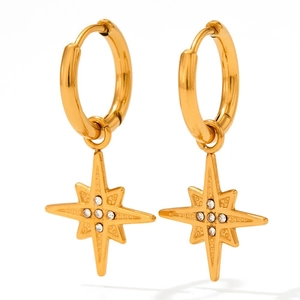 Gold stainless steel north star hoop earrings featuring sparkling clear zircon stones
