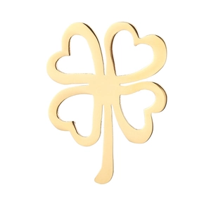 Close-up of golden stainless steel hollow clover pendant with polished metallic texture