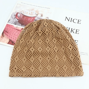 Retro brown hollow knit beanie for women featuring vintage crochet pattern mesh texture