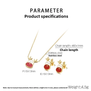 Detailed dimensions of stainless steel reindeer Christmas necklace and earring set