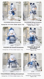 Blue and white plaid plush snowmen collection with ski accessories for Christmas decor