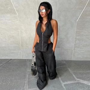 Gilet À Capuche En Nylon Pour Femme Et Pantalon Large Matelassé Dos Nu Sexy Streetwear Gothique Noir