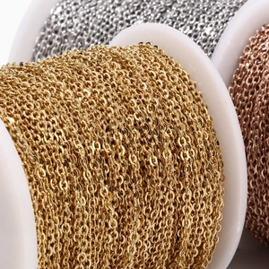 Macro shot of gold, silver, and rose gold plated stainless steel chains for DIY jewelry