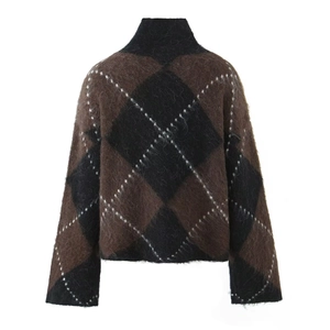 Women's vintage plaid knit sweater and skirt set in brown and black check pattern