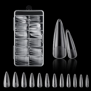 Detail view of numbered clear nail tips in a storage box showing sizes 0-9