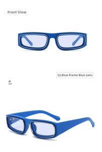 Front and side views of Y2K narrow frame blue sunglasses with translucent lenses