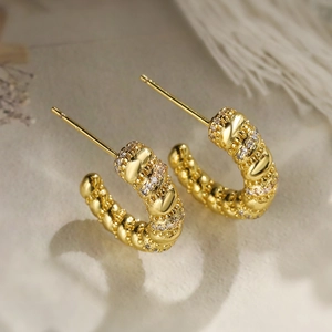 Vintage 18K gold plated C-shaped stud earrings with sparkling cubic zirconia accents
