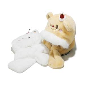 Cute bear plush hooded scarf set in white and beige with cherry detail for winter warmth