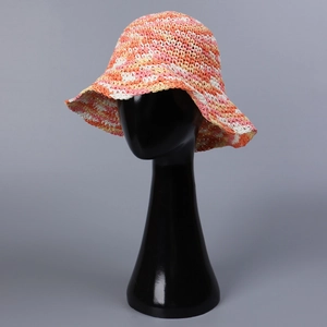 Handmade crochet colorful sun hat with wavy pattern and ruffled brim for summer