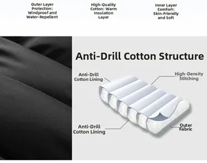 Detail view of men's winter vest with three-layer windproof and waterproof fabric layers