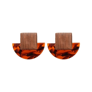 Vintage geometric wooden and amber resin earrings for women with elegant square stud design