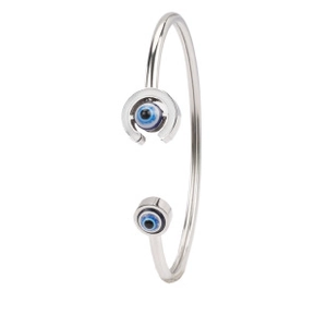 Detailed close-up of a silver open C-ring bangle featuring blue evil eye charms