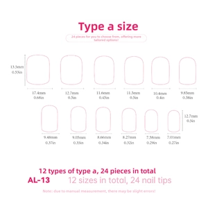 Detailed size guide showing 12 different widths of grey-blue press-on nail tips