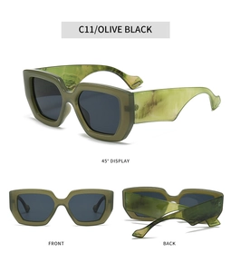 Three views of square olive green and black marble textured sunglasses with dark lenses