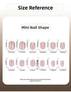 Size guide for mini nude cat-eye press-on nails including 24 pieces in 12 detailed sizes