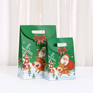 Green Christmas cartoon gift bags with Santa Claus and reindeer prints in two sizes