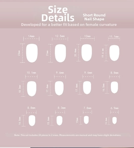 Size chart for short round press-on nails showing 12 different width and length dimensions
