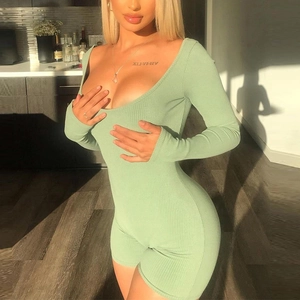 Women Long Sleeve Ribbed Romper Sexy U Neck Slim Fit Solid Color One Piece Bodysuit Casual Loungewear