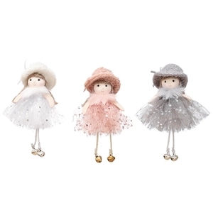 Three plush Christmas elf ornaments with sequin tulle skirts in white pink and grey