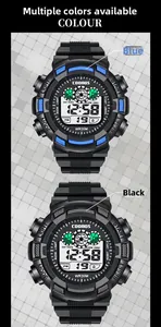 Close-up of waterproof outdoor digital sport watches in blue and black colors