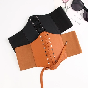 Vintage wide elastic waist cincher belt in black and brown with faux leather lace-up front