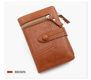 Detail view of brown PU leather wallet with snap closure and outer zipper pocket
